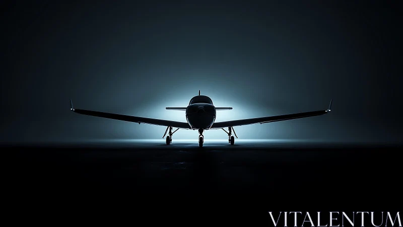 Sleek private airplane front silhouette under studio backlight.