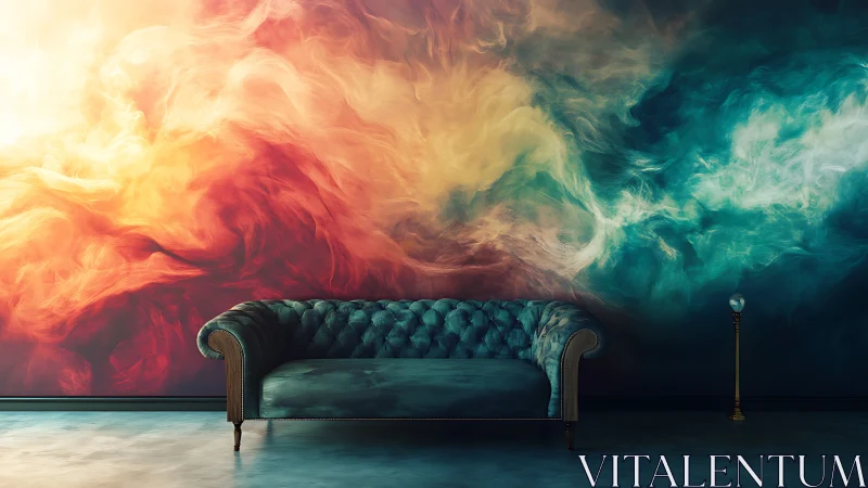 Velvet sofa adrift beneath swirling nebula wall art.