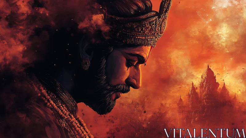 Crowned king in fiery dusk clouds, lost in quiet thought.