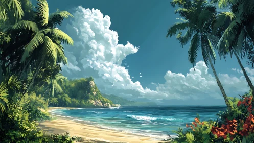 Tropical Beach Paradise: Palm-Framed Coastal Vista.