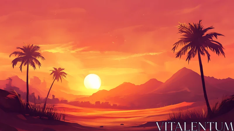 Sunlit tropical shoreline under vivid orange sunset sky.