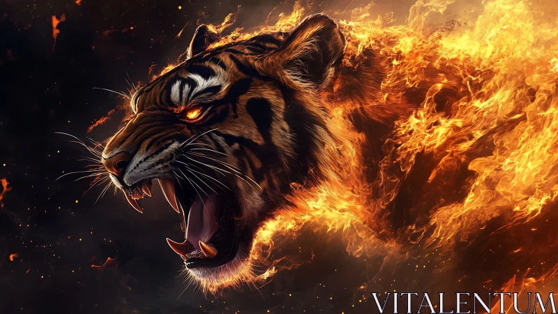 Flaming tiger roars skyward while its body unravels as fire