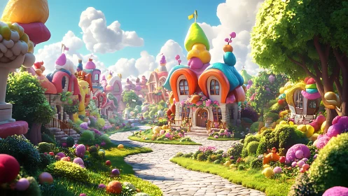 Whimsical Fantasy Village: 3D Rendered Candy-Colored Architecture.
