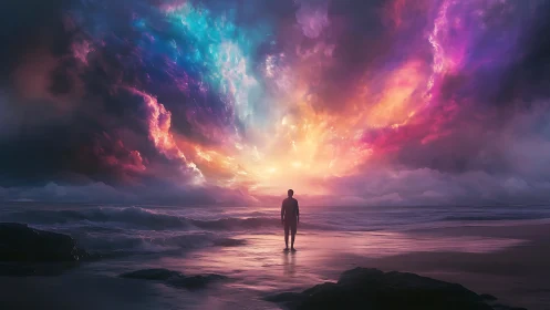 Solitary figure meets iridescent cosmic storm over sea.