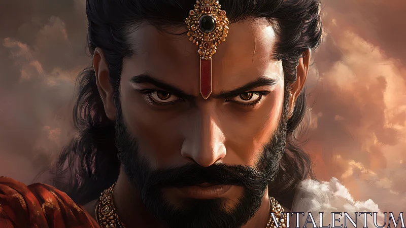 Warrior prince stares forward with intense focused expression