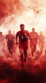 Soccer players running through dense red smoke field formation.