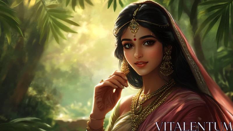 Elegant Indian Woman in Traditional Attire Amid Lush Greenery.