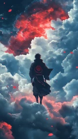 Silhouetted shinobi traversing turbulent crimson stormscape.