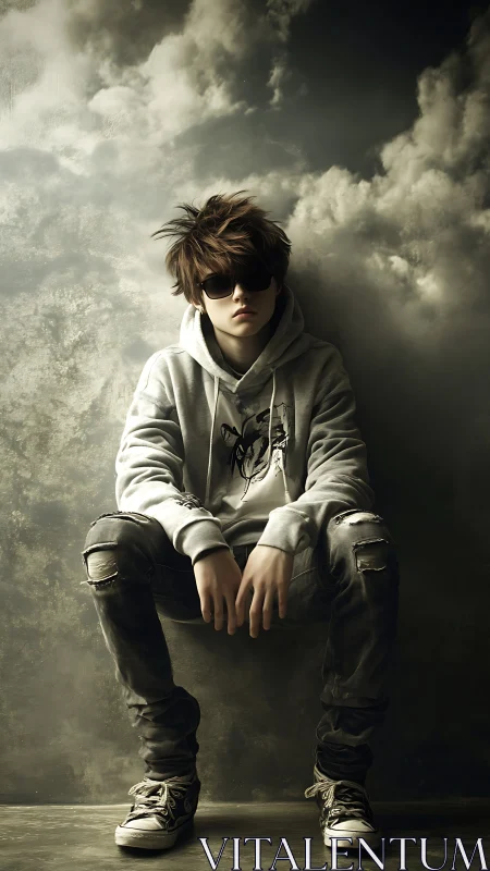 Moody teen portrait in desaturated streetwear with dramatic cloud backdrop