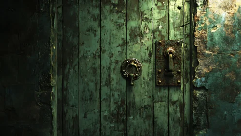 Corroded green metal door surface reveals textured urban decay