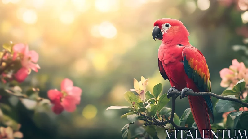 Vibrant Scarlet Macaw on Branch in Lush Floral Garden, Soft Light.