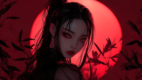 Crimson backlit anime portrait with red moon and foliage