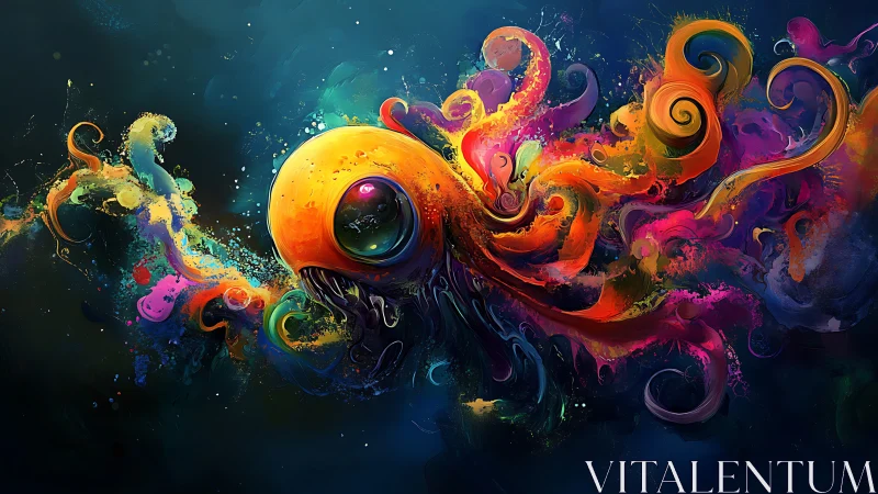 Cosmic cephalopod swirling through neon liquid galaxies.