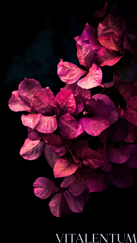 Magenta Bougainvillea Blooms Against Darkness.