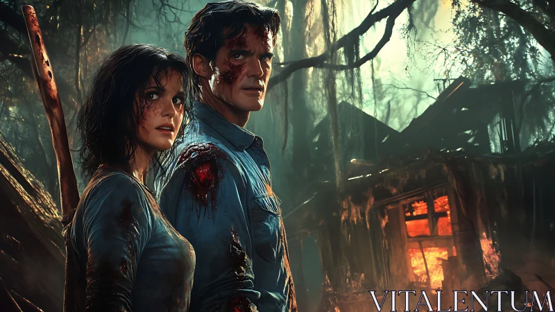 Injured survivors stand before burning cabin in swamp