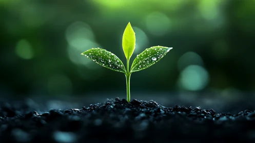 Dewlit green seedling rising from velvet soil at dawn glow.