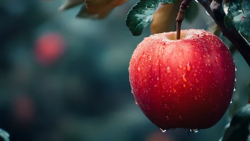 Red apple hangs on tree branch with dew after rainfall