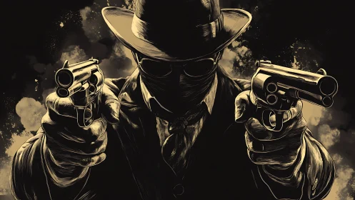 Noir gunman confronting viewer with twin revolvers drawn.