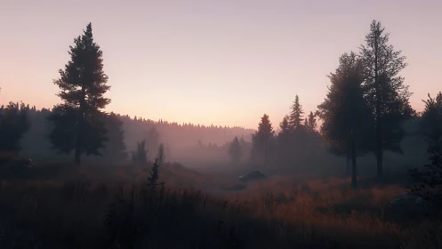 Timber Realm Awakens: Misty Wilderness Symphony at Dawn.