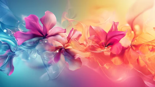Abstract digital floral composition in blended vivid colors.