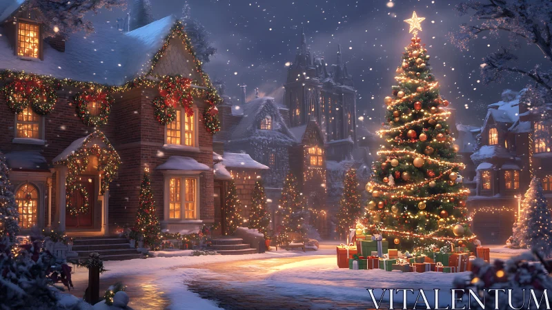 Snowy village square with illuminated Christmas tree and garlanded houses