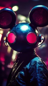 Neon-lit mouse helmet DJ in glossy cyber club scene.