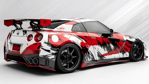 Aero-tuned Nissan GT-R with aggressive kinetic livery design.