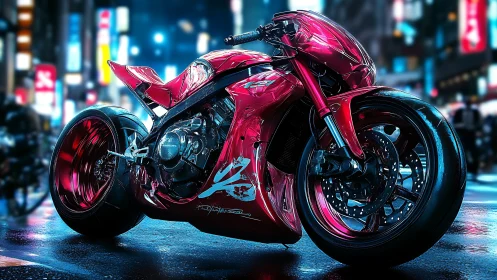 Neon red superbike under cyberpunk city lights at night.