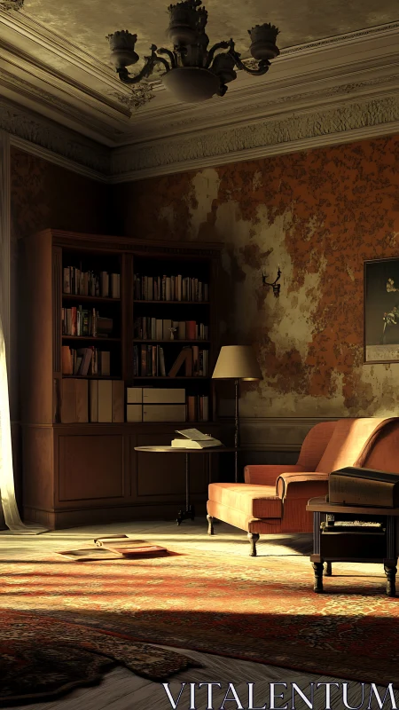 Sunlit vintage study with sofa, bookcase and worn walls.