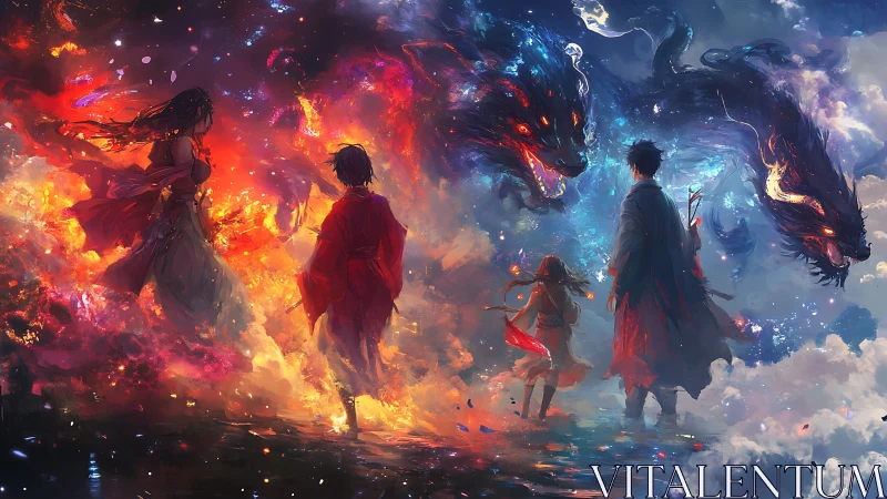 Opposing fire and sky figures confront twin spectral dragons