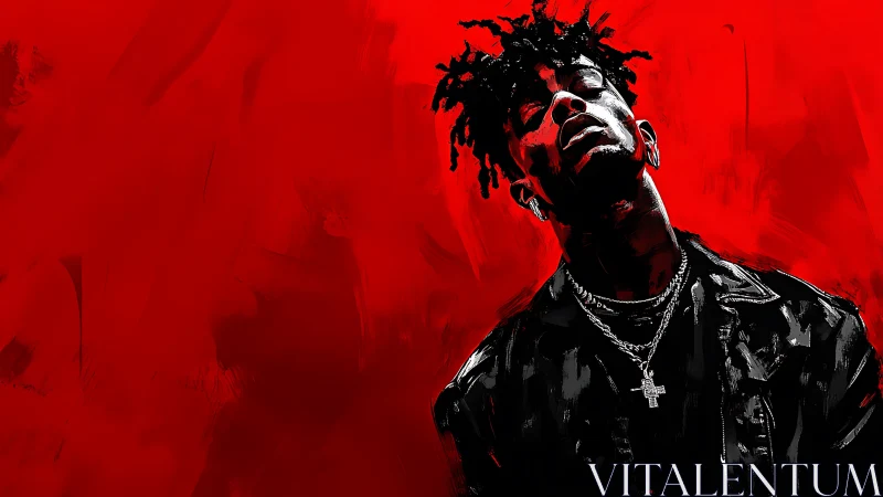 Brooding hip hop portrait against raw crimson backdrop.