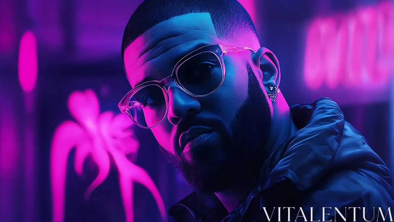 Neon-lit cyberportrait of urban subject in magenta-blue glow.