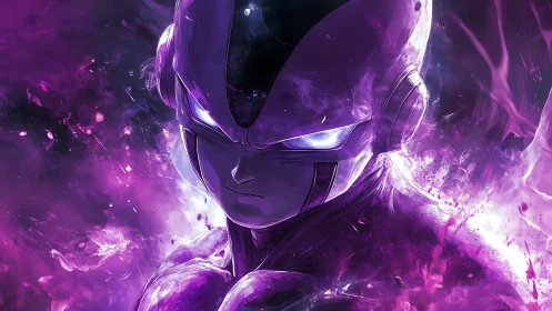 Galactic warrior emerges within seething violet cosmic storm.