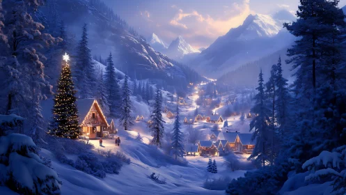 Snowy mountain village glows with warm festive winter lights