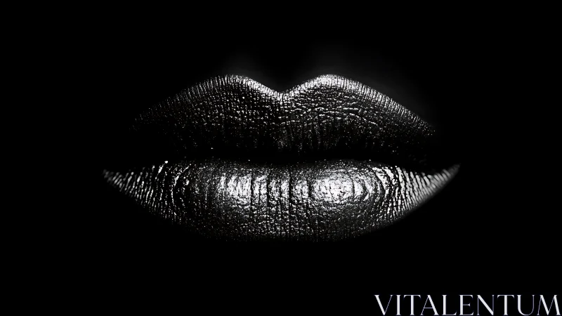 Metallic textured lips in stark black background closeup.