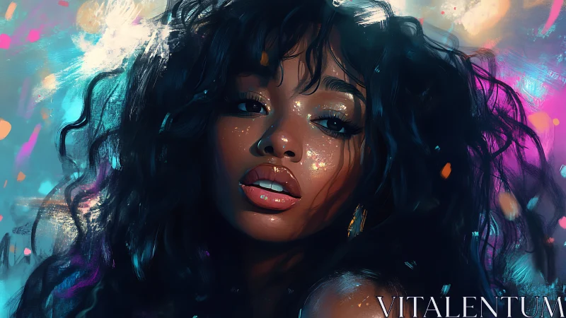 Digital portrait with neon-scattered bokeh and glossy specular skin rendering.