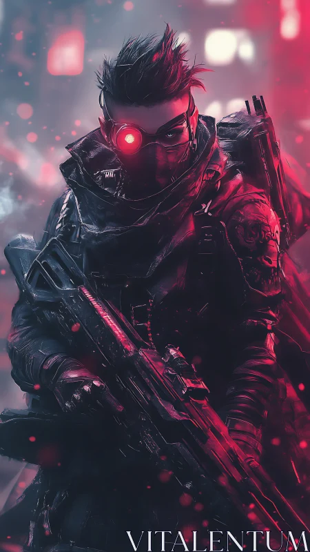 Augmented urban marksman with neon infrared optics deployed.