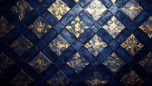 Ornate navy tiles display gilded floral motifs in relief.
