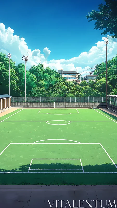 Empty synthetic turf school soccer field under clear midday sky