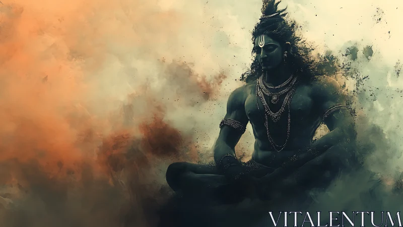 Mystical blue yogi seated in swirling cosmic clouds.