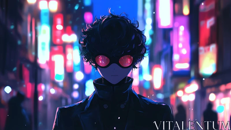 Neon lit vigilante stands alone in a dreamy cyber street
