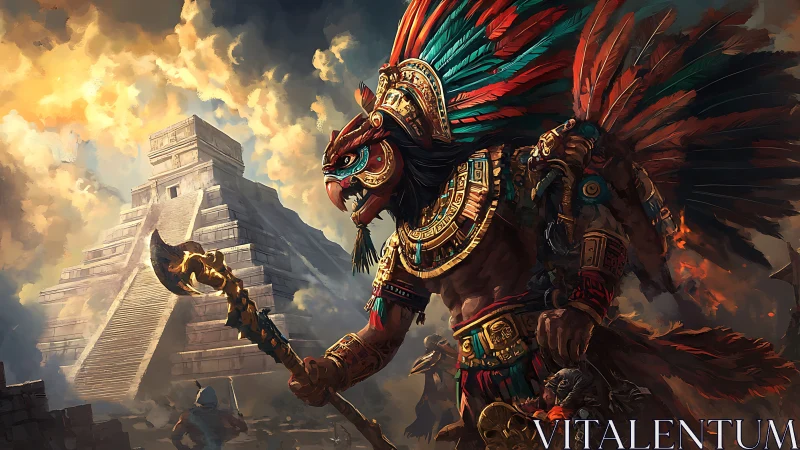 Warrior in feathered regalia stands before stepped pyramid