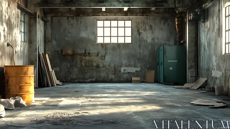 Interior view shows an empty, worn industrial warehouse space
