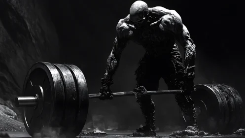 Shadow titan deadlifts iron in a stormy dreamscape gym.