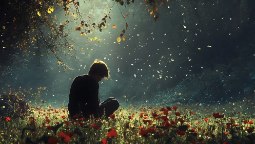 Backlit child in poppy meadow under volumetric light and drifting leaves