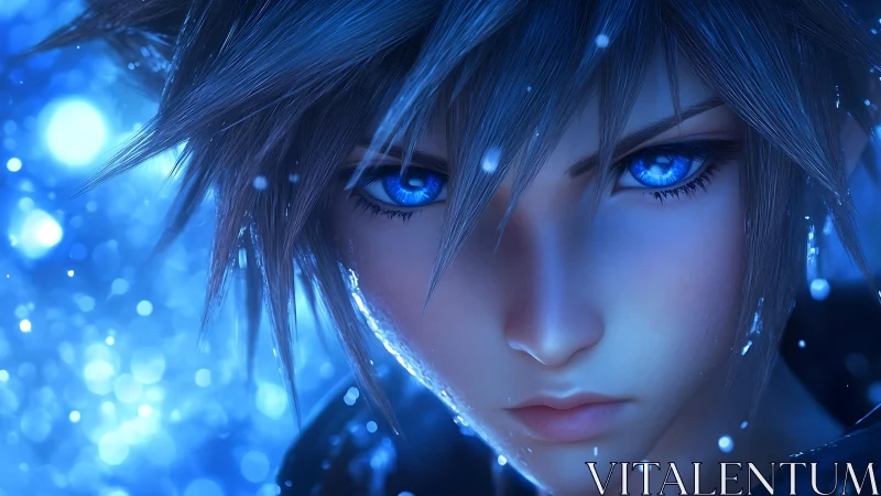 Blue eyed anime hero stares ahead in shimmering frost light