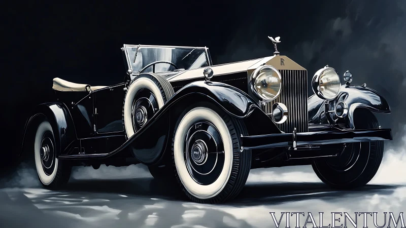 Midnight Rolls-Royce roadster glides through ghosted light.