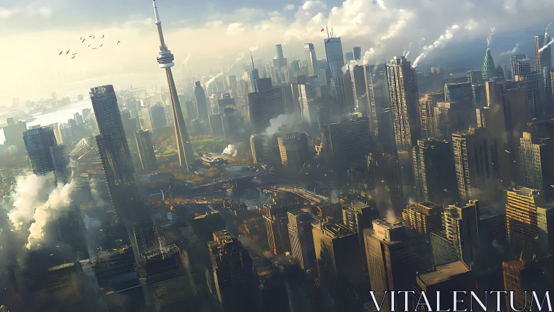 Futuristic skyline tilts over smog-filled sprawling metropolis.