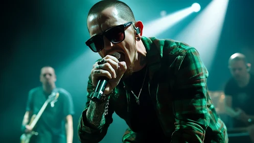 Rock vocalist screams into microphone under dramatic stage light