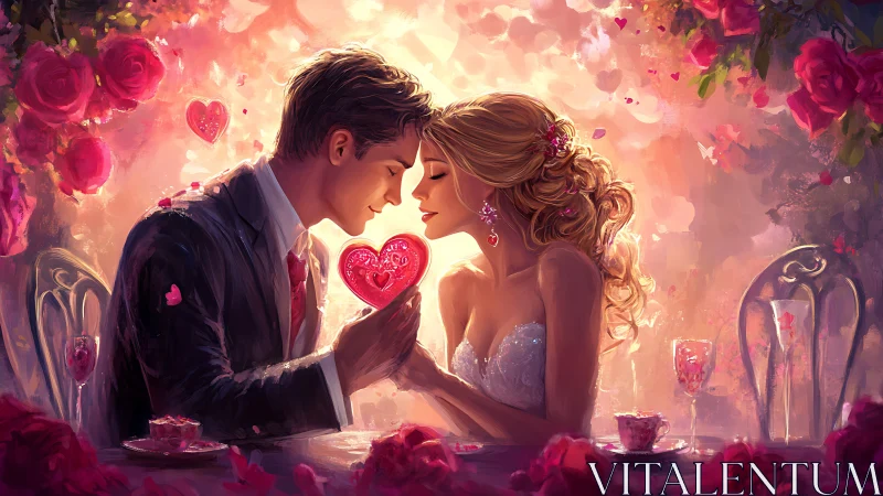 Romantic couple exchanging glowing heart under rose garden.